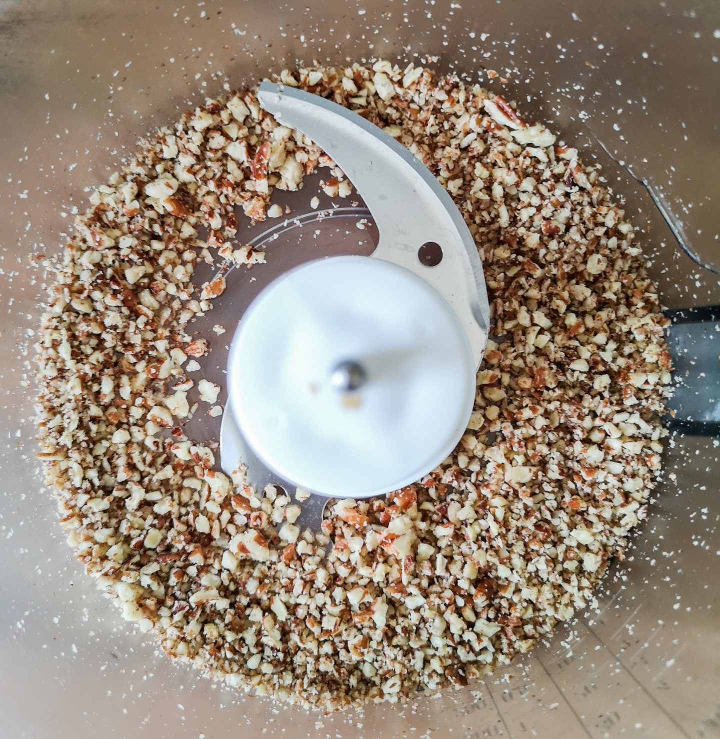 Finely chopped pecans in food processor