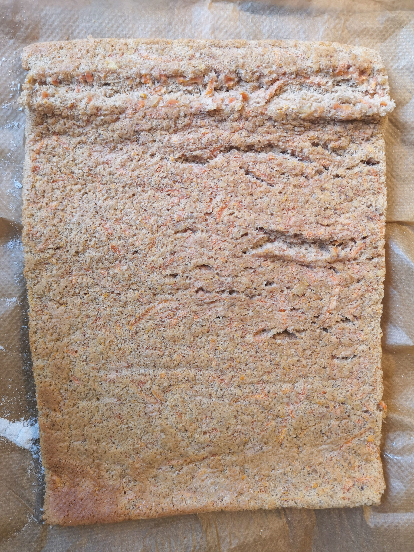 Successful carrot cake Swiss roll sponge that hasn’t cracked