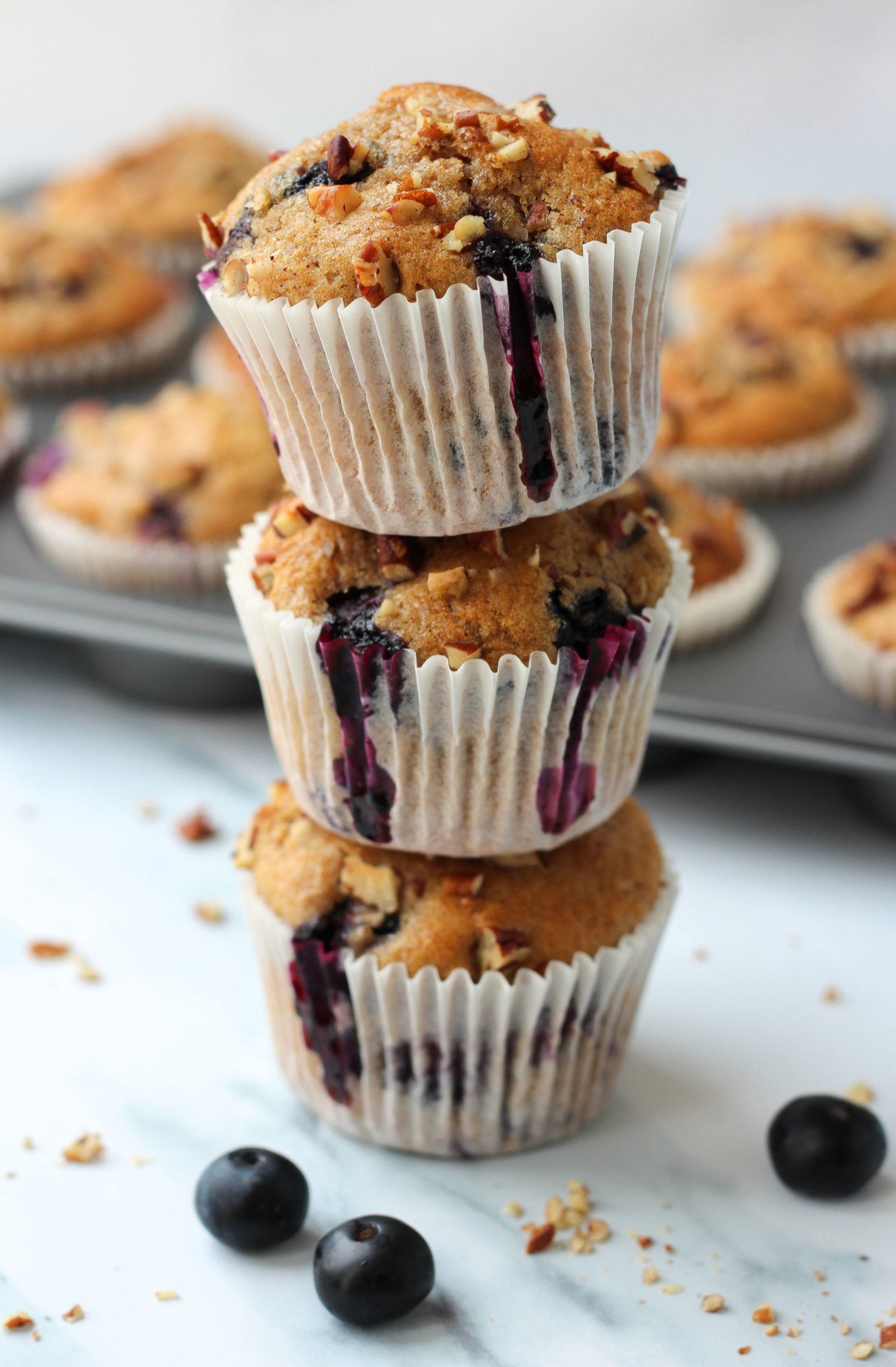 Stack of three blueberry nut muffins