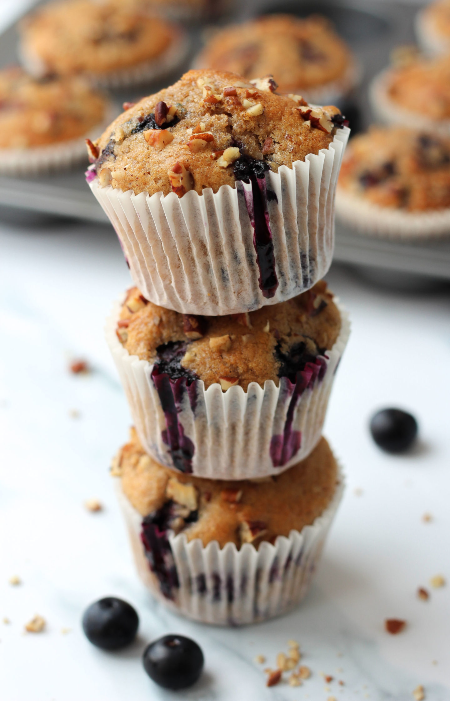 Stack of three blueberry nut muffins