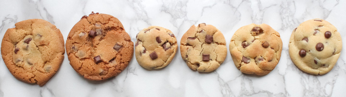 Photo showing a cookie from each batch of cookies from recipe testing, showing how they differed each time