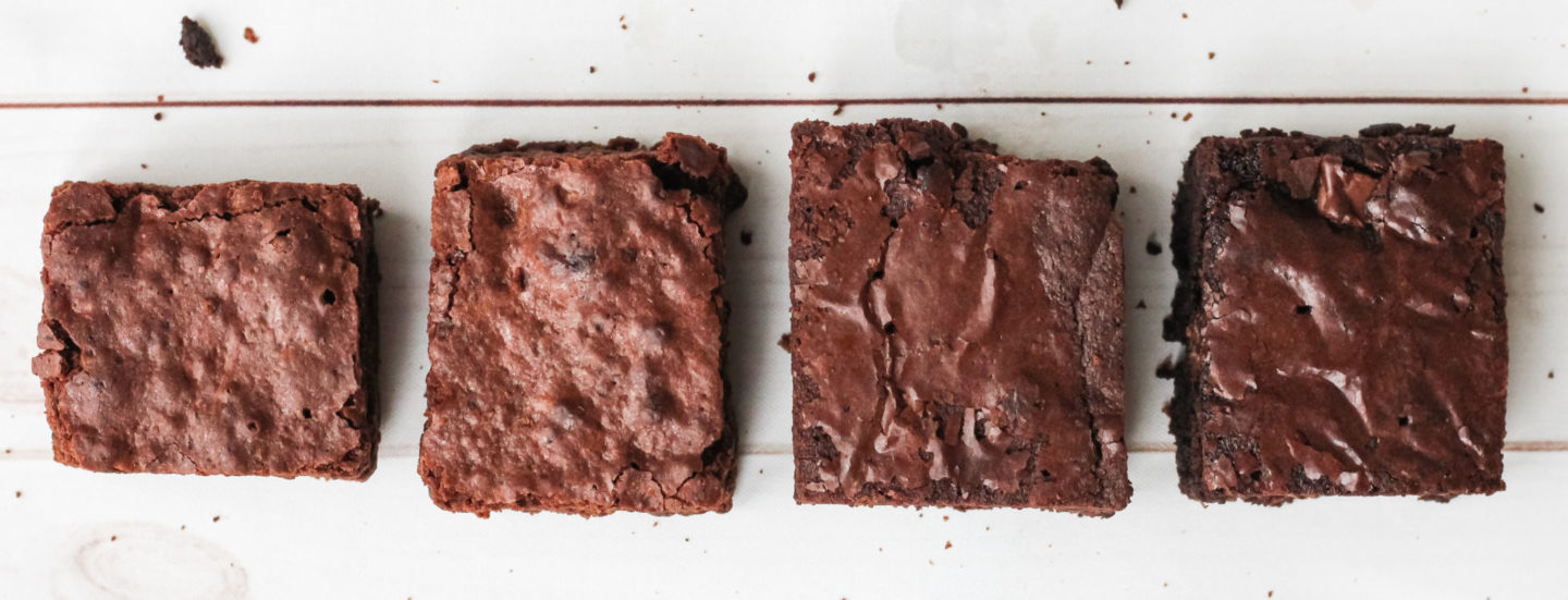 view from above of chewy homemade brownies from recipe testing