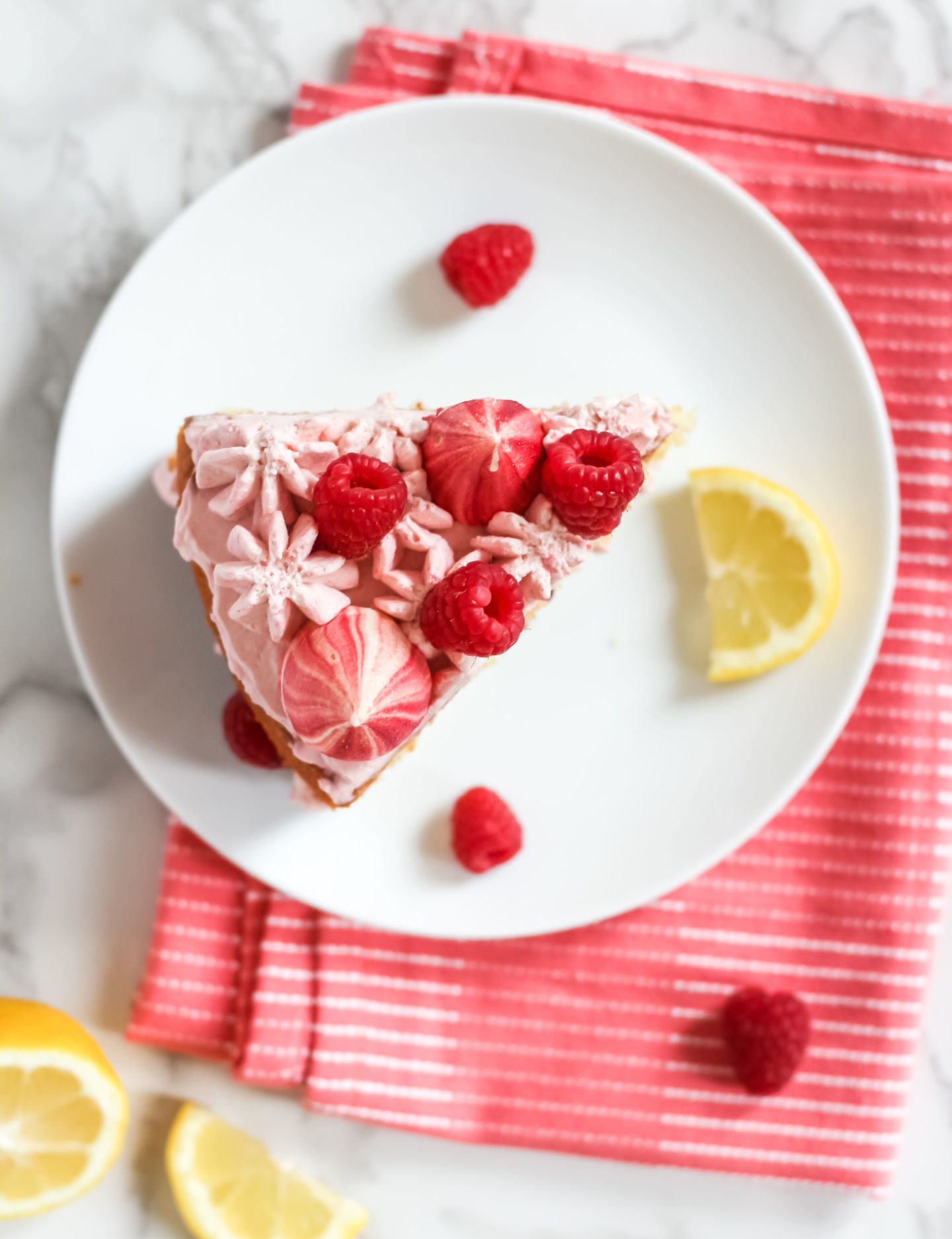 lemon raspberry cream cake with meringue kisses