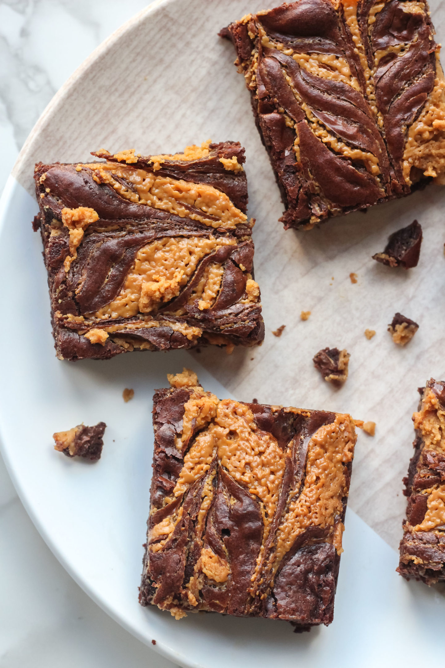 close up of side view of a peanut butter brownie