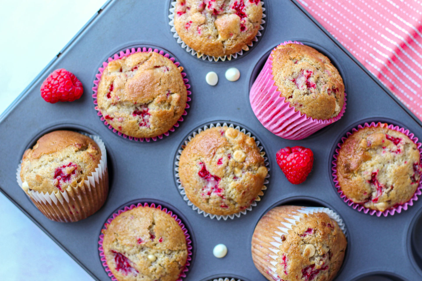 muffin tray filled with baked raspberry white chocolate muffins