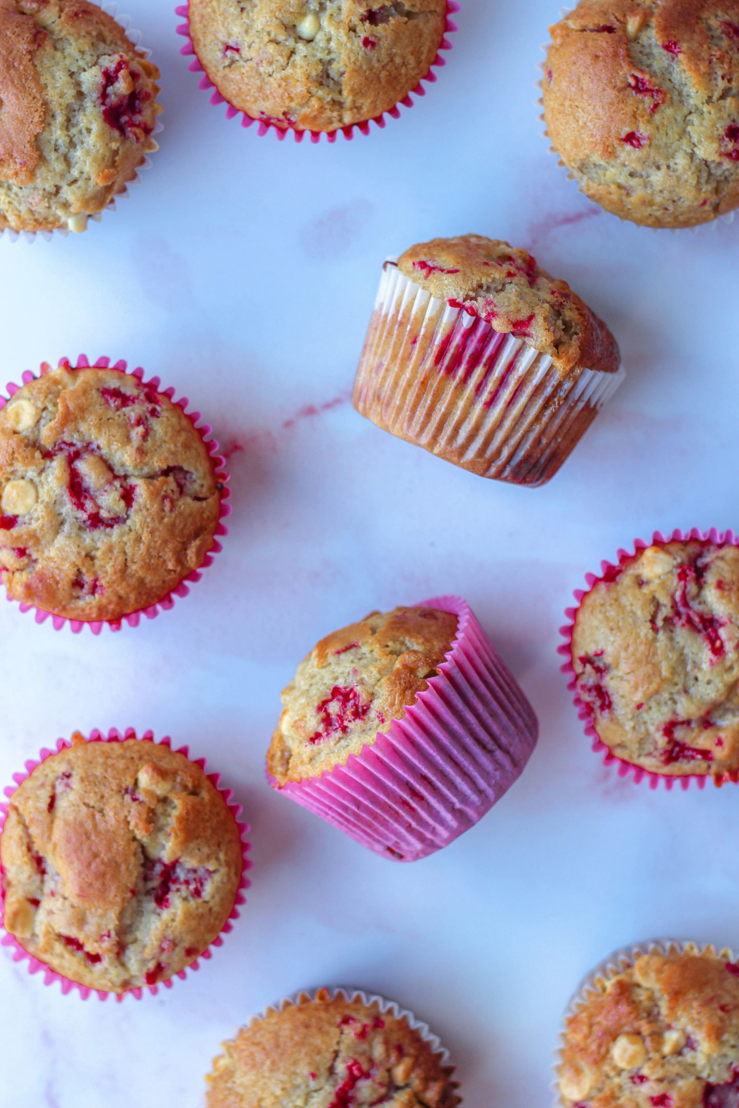 view from above of several raspberry white chocolate muffins