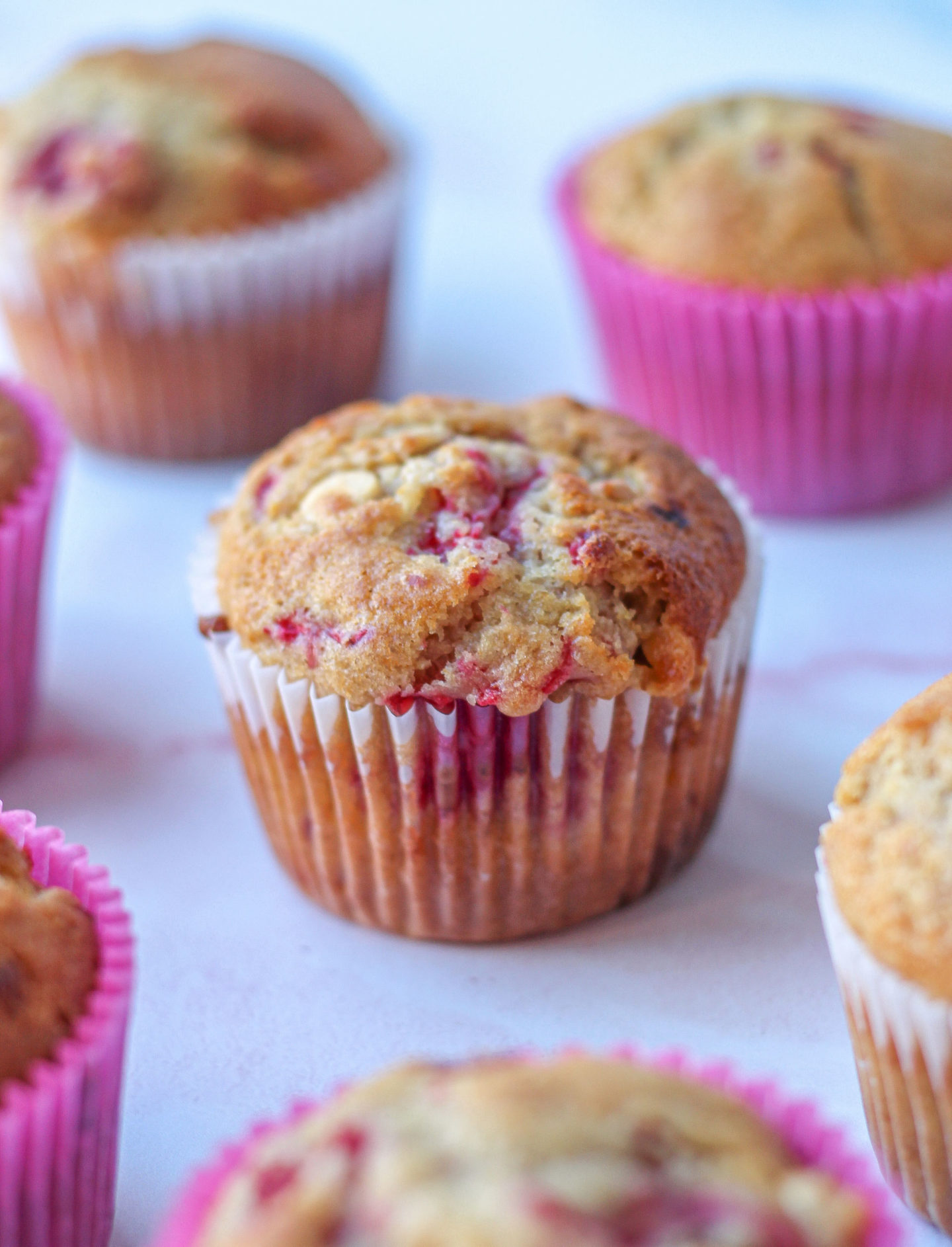 close up of a raspberry white chocolate muffin