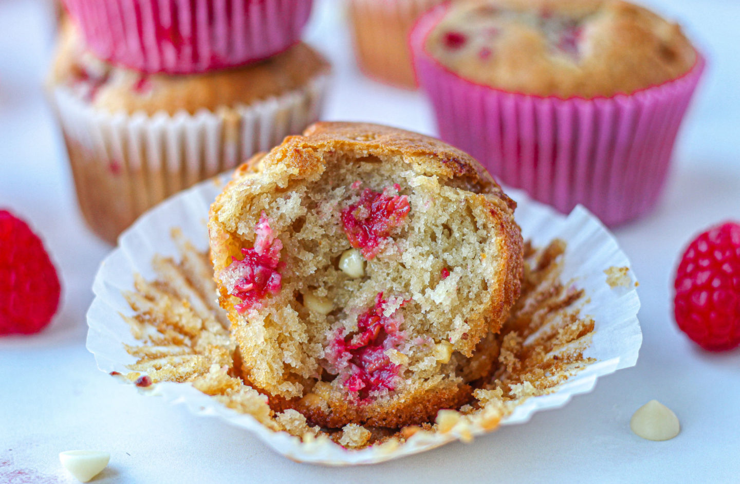 texture inside a raspberry white chocolate muffin