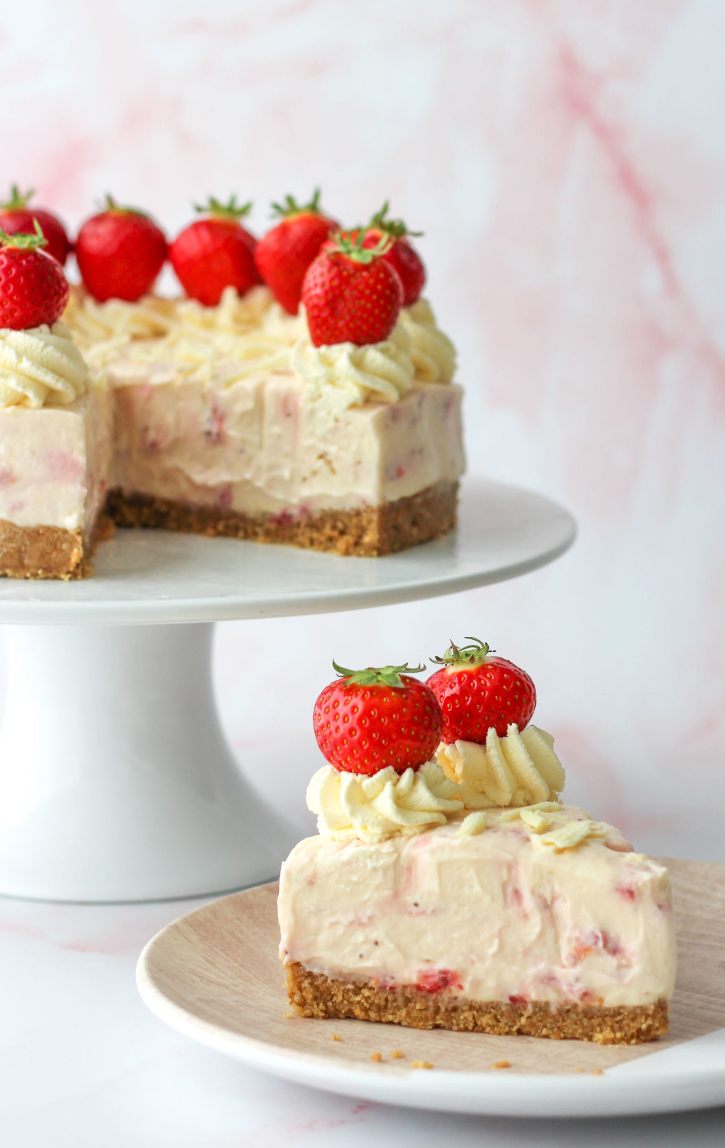 sliced strawberry white chocolate cheesecake