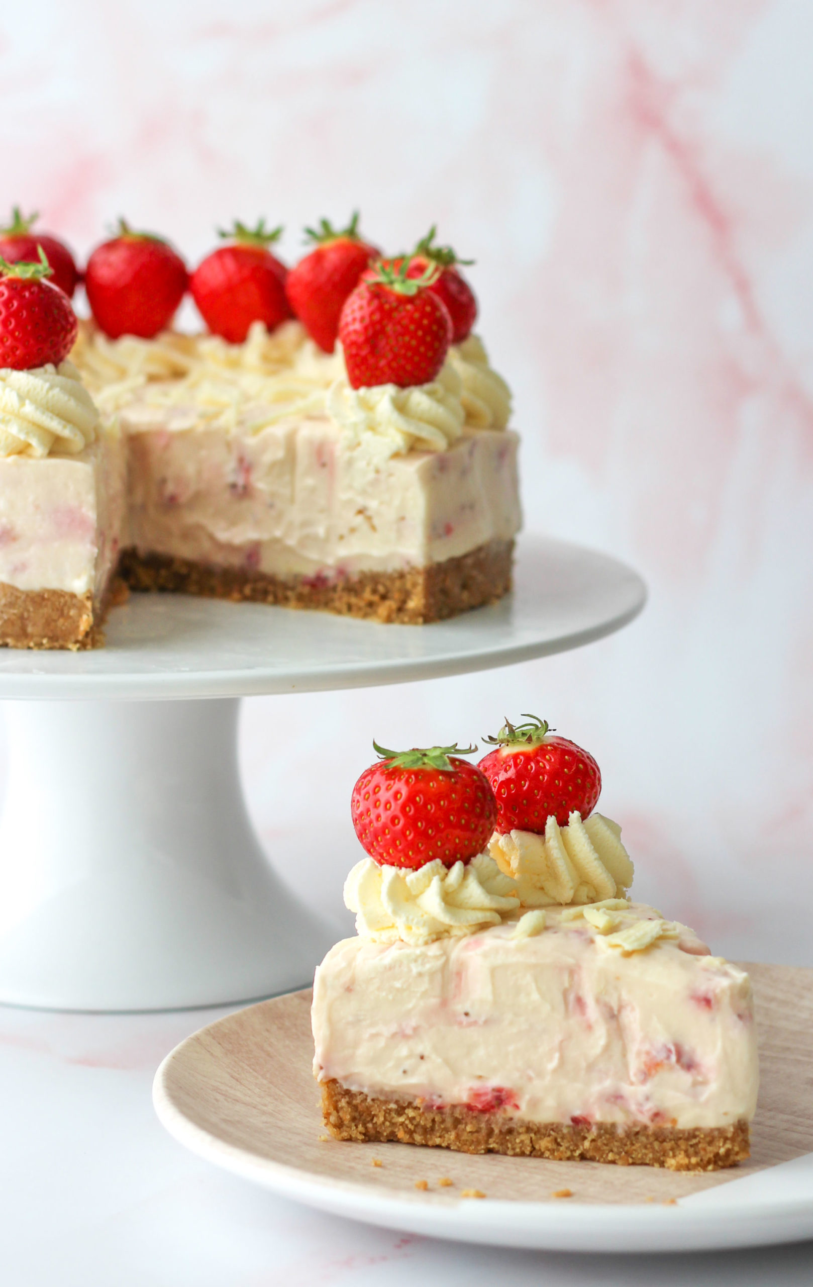 No-Bake Strawberry White Chocolate Cheesecake - Baker Jo