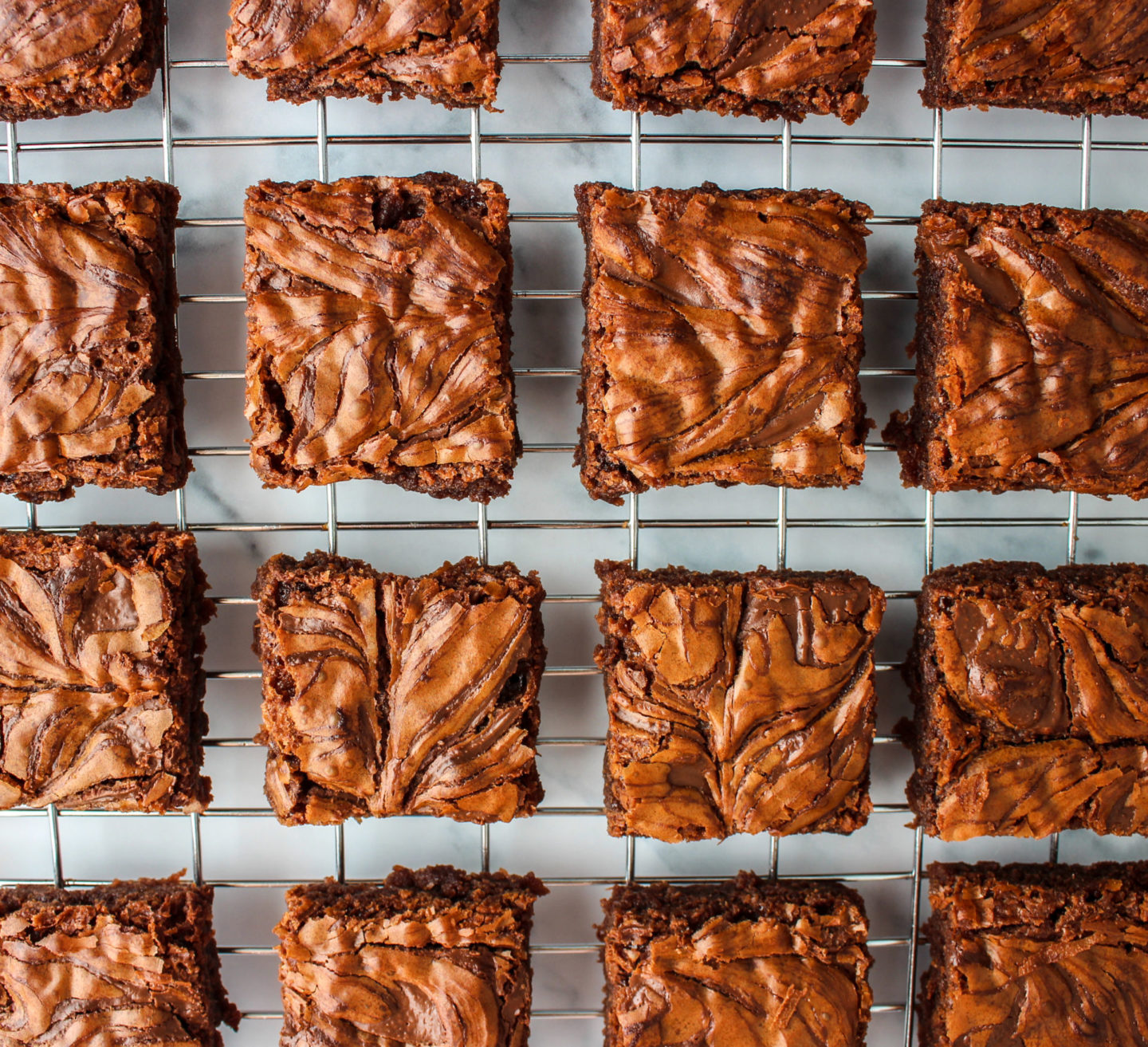 view from above of nutella swirl on brownie tops 