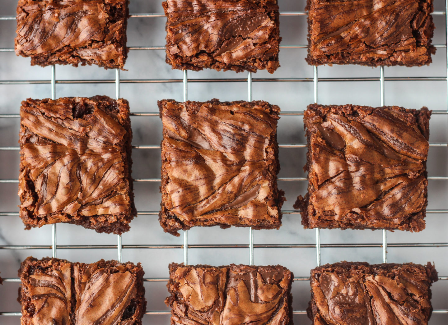 view from above of nutella brownies on wire rack