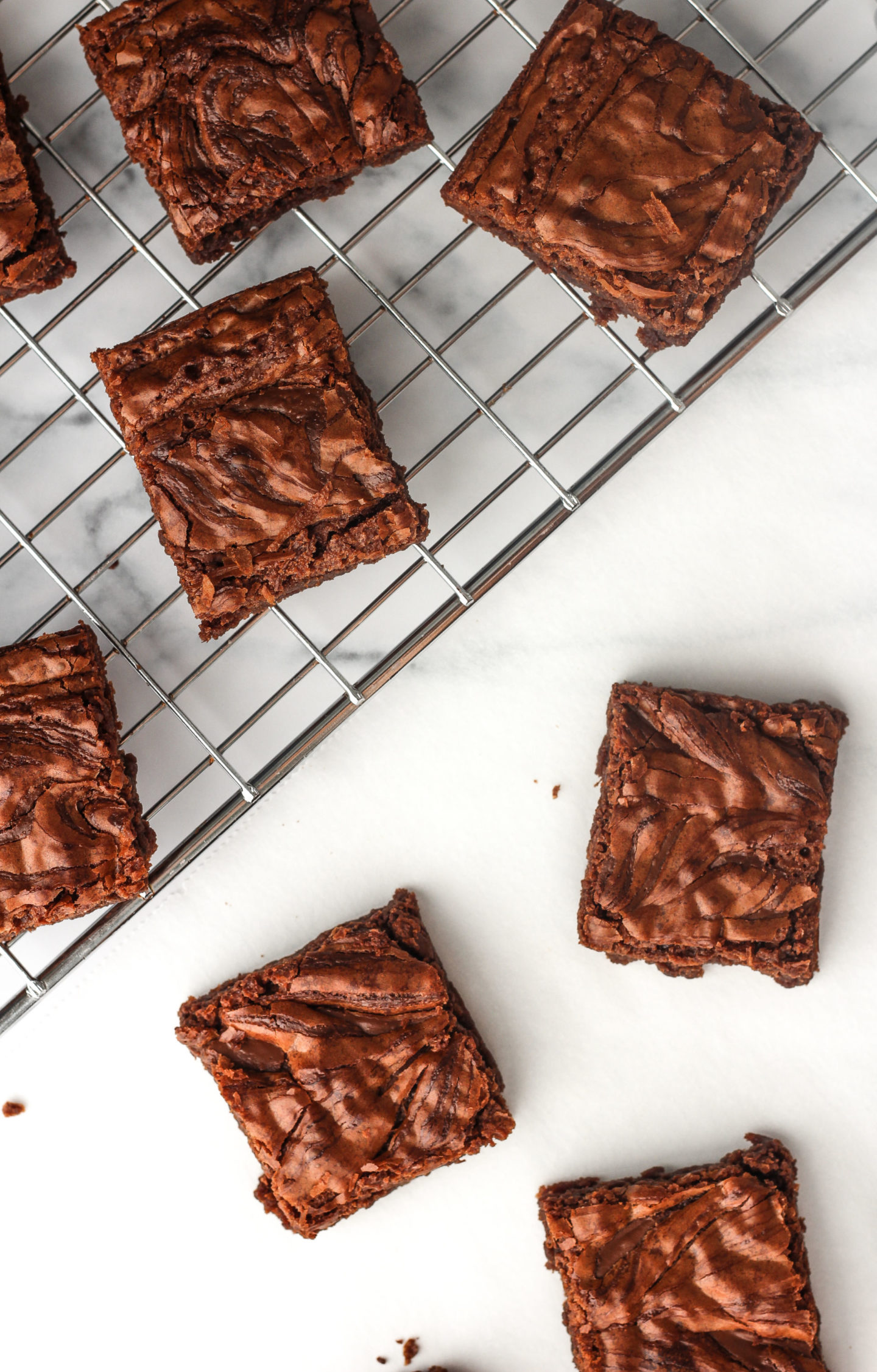 overhead view of nutella brownies on wire rack