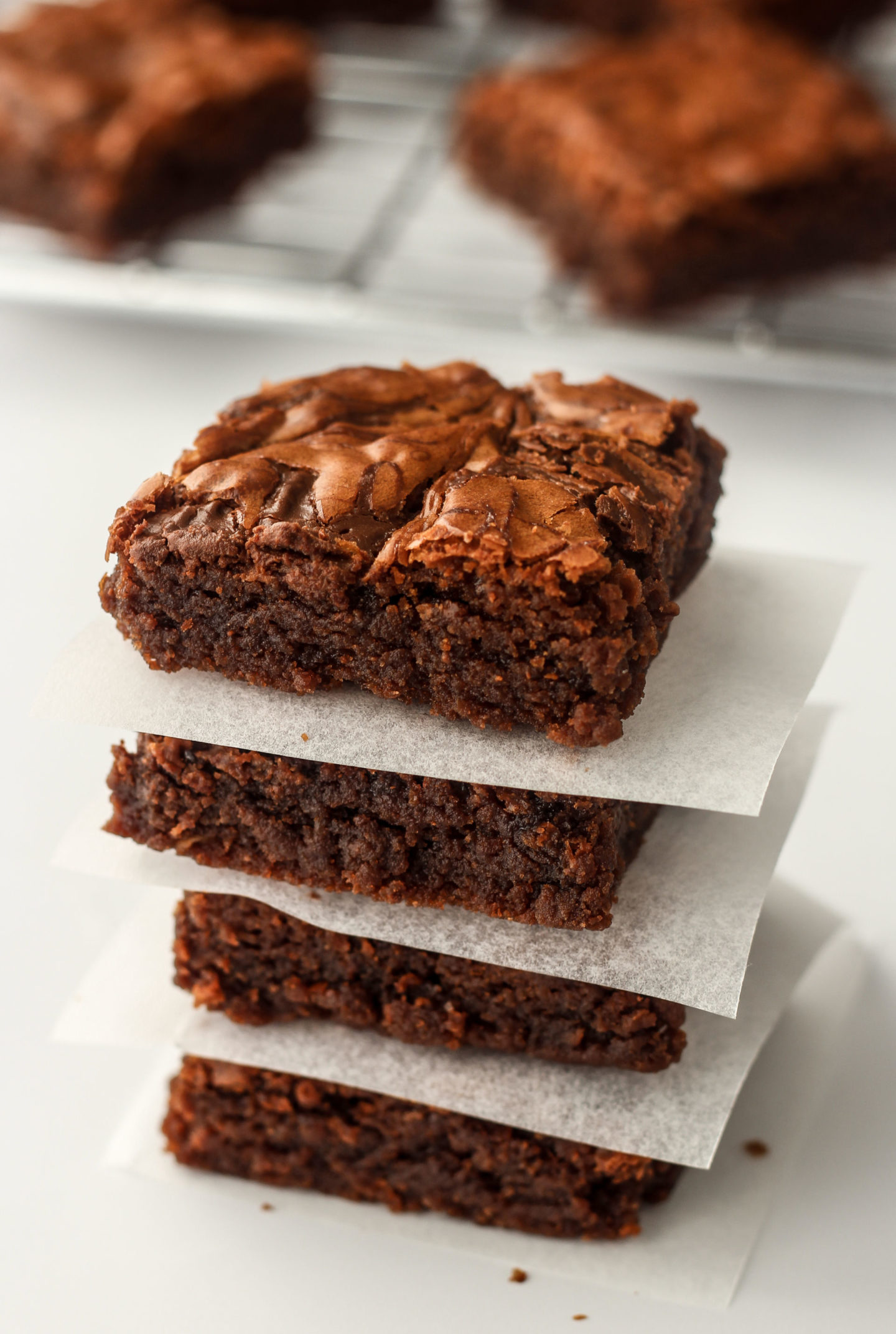 stack of nutella brownies on baking paper