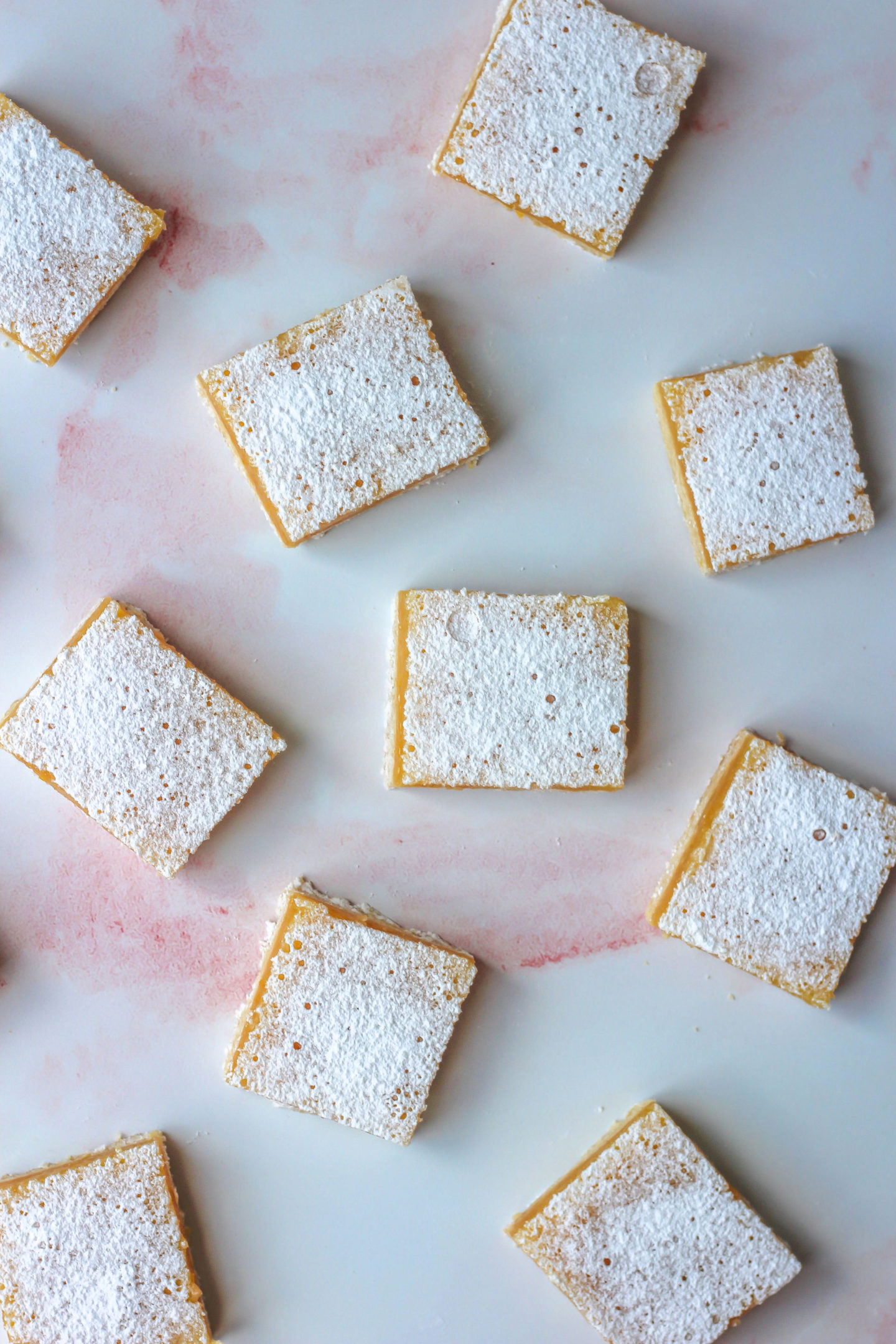 view from above of several lemon bars on countertop