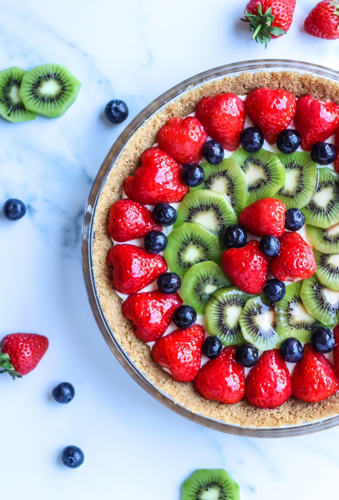 view from above of unsliced fruit tart