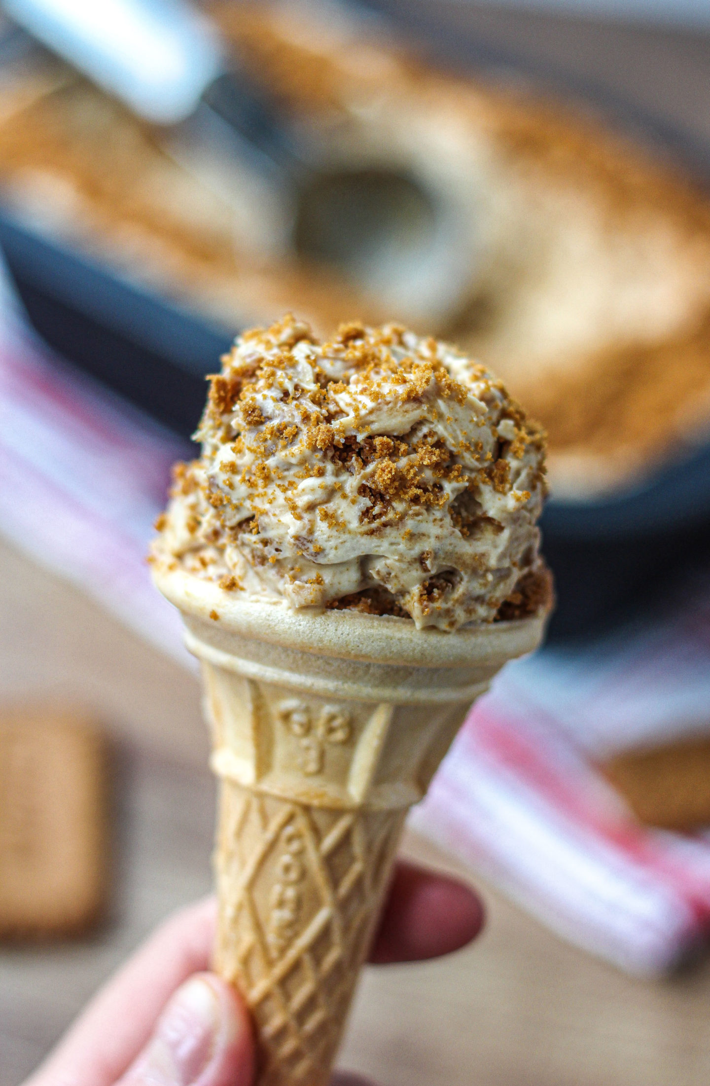 Biscoff ice cream in a cone