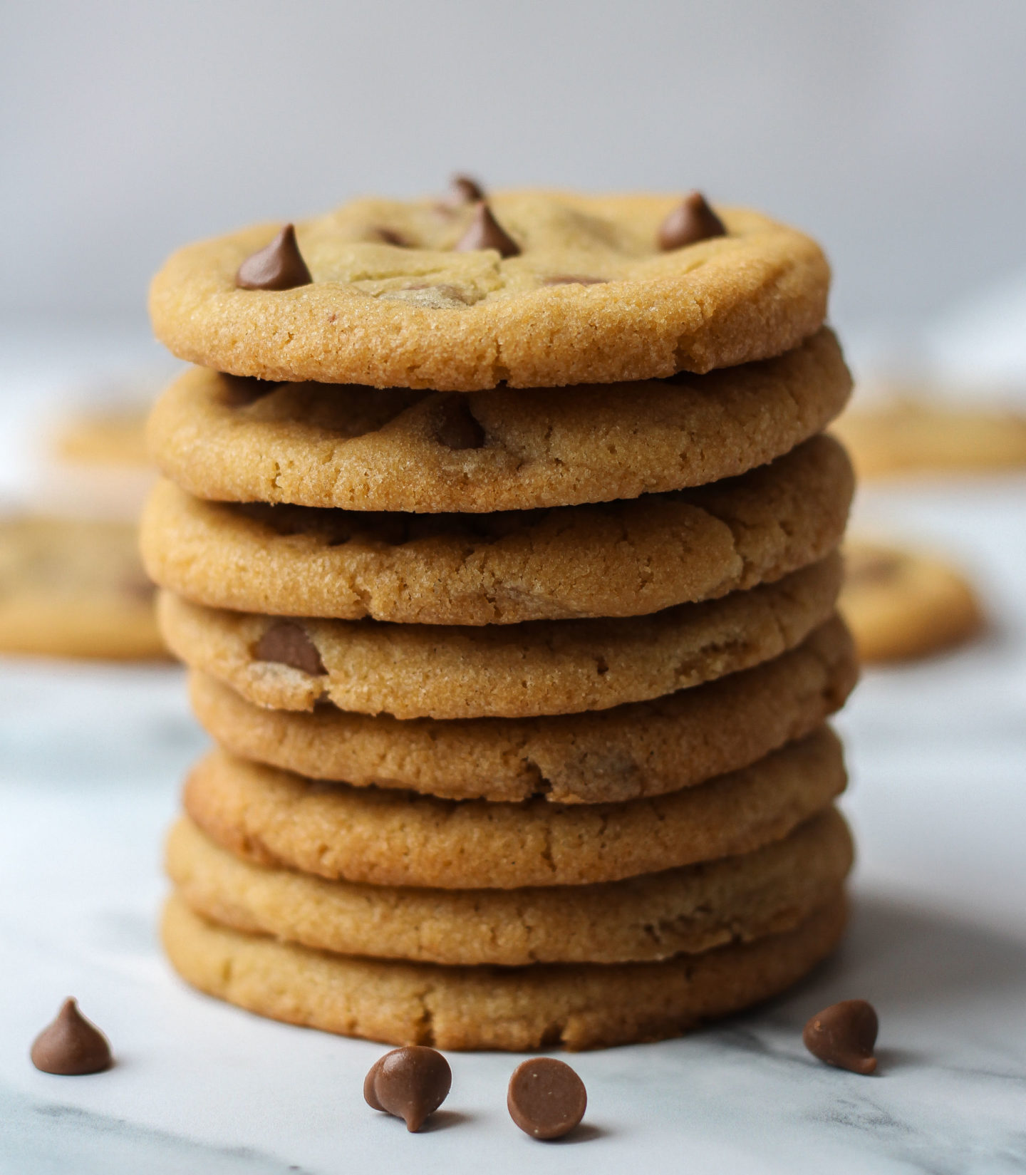 Tower of several chewy chocolate chip cookies