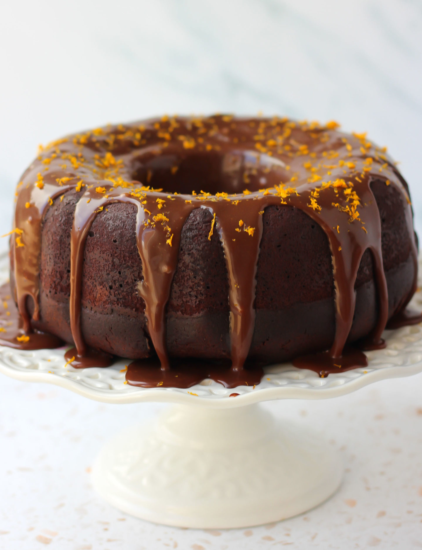 Whole chocolate orange Bundt cake with chocolate orange ganache glaze