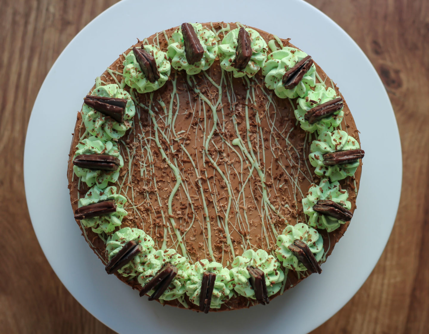 Overhead view of whole no-bake mint chocolate cheesecake