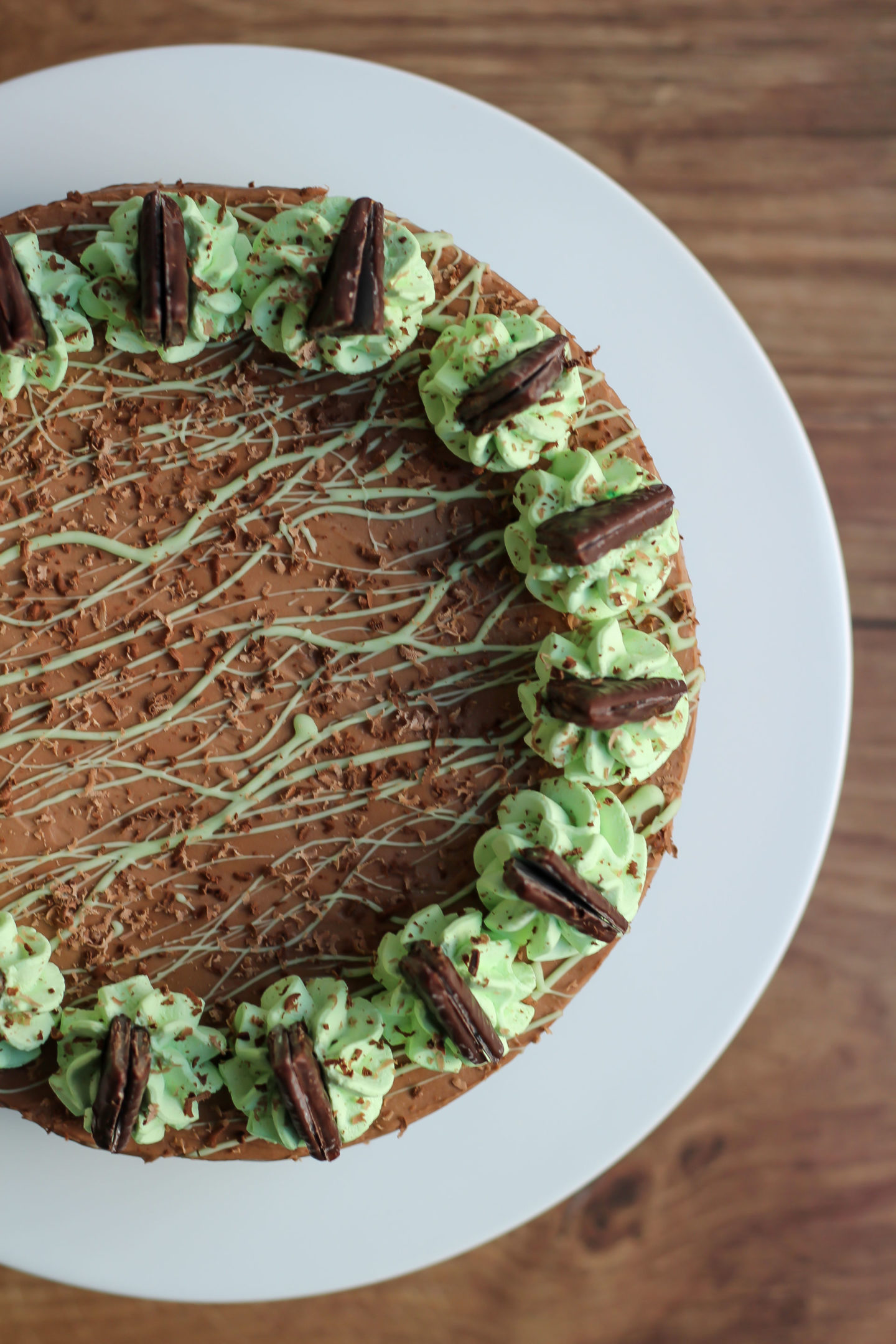 Overhead view of almost whole no-bake mint chocolate cheesecake