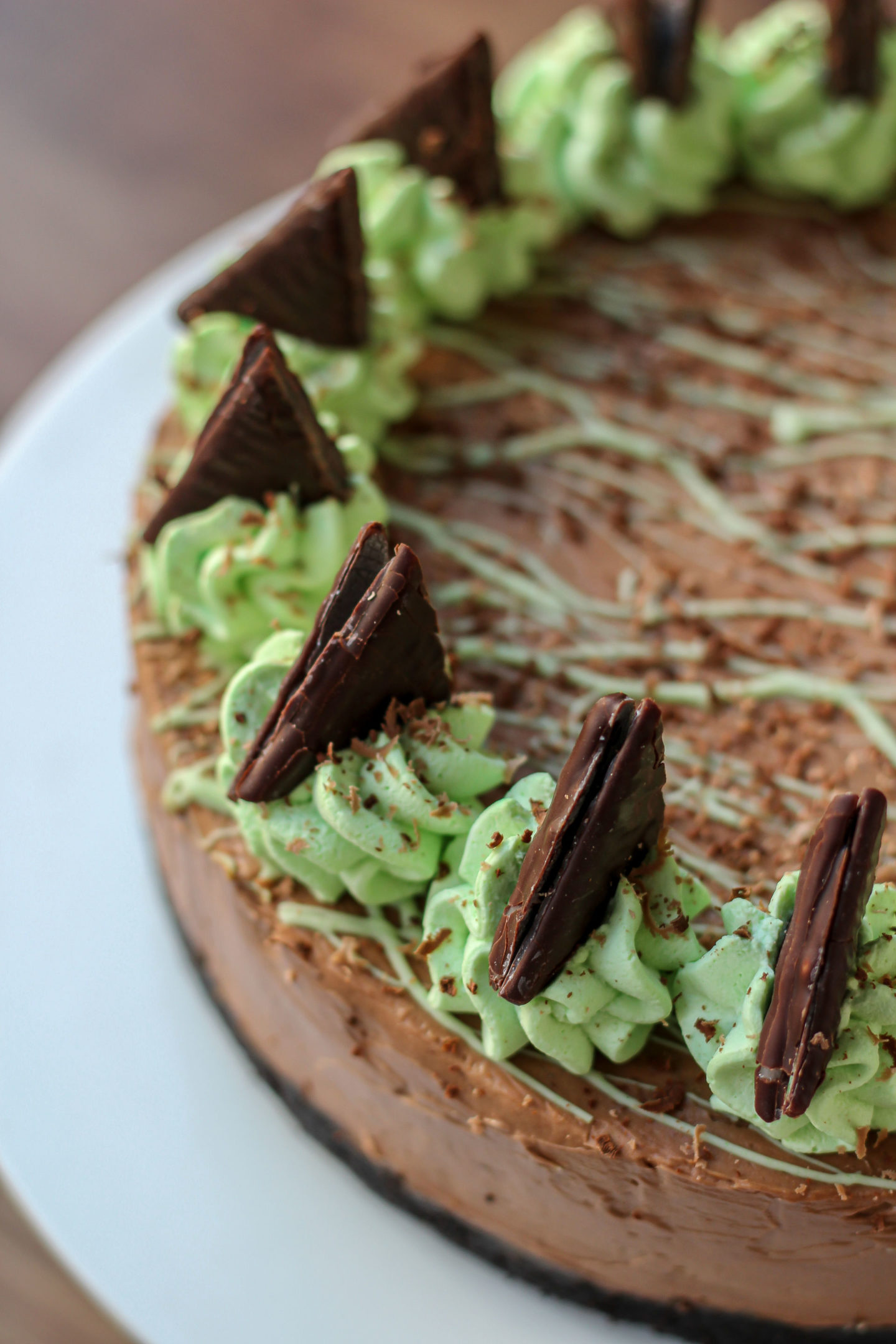 Close up of part of no-bake mint chocolate cheesecake