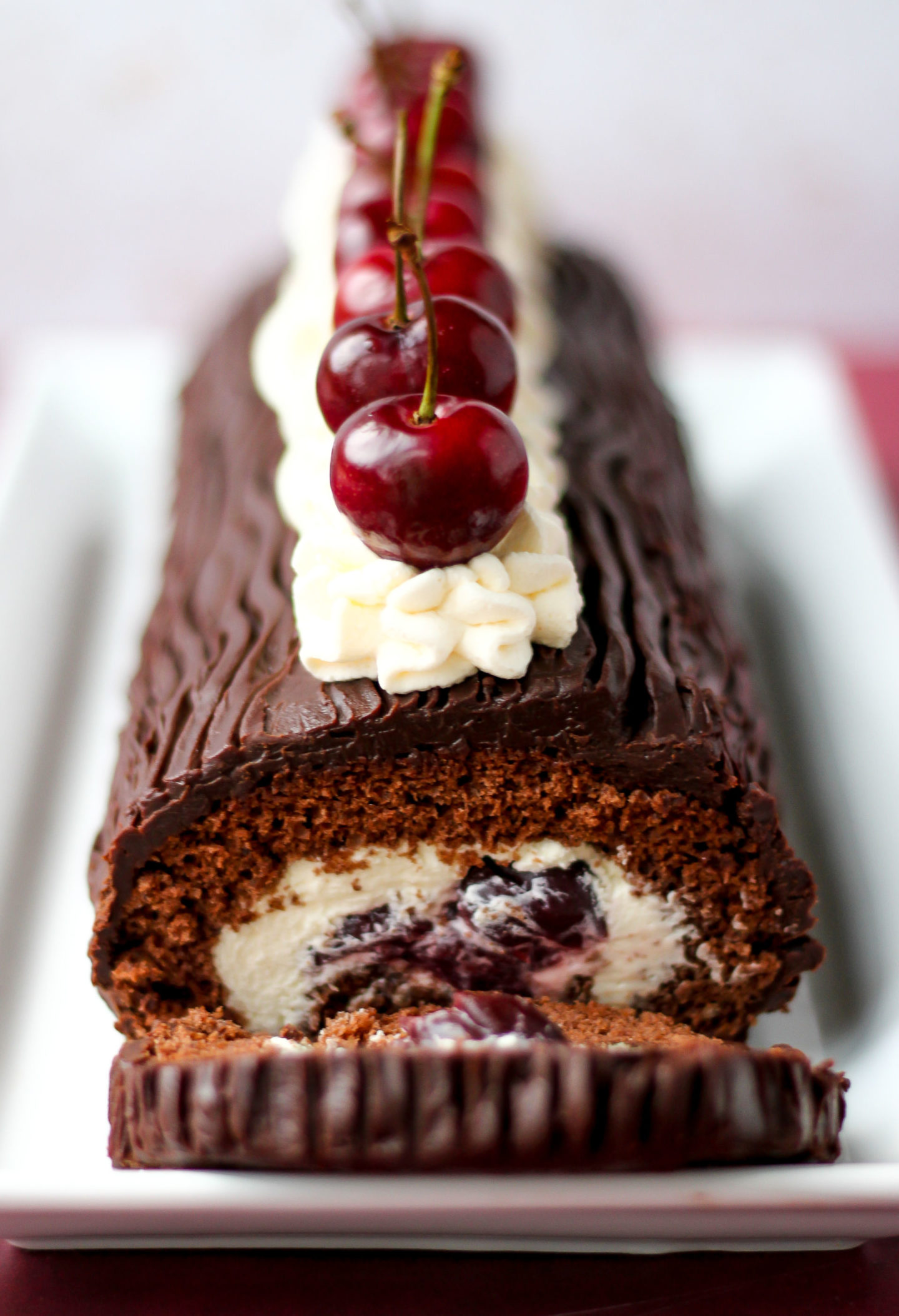 view inside sliced black forest swiss roll