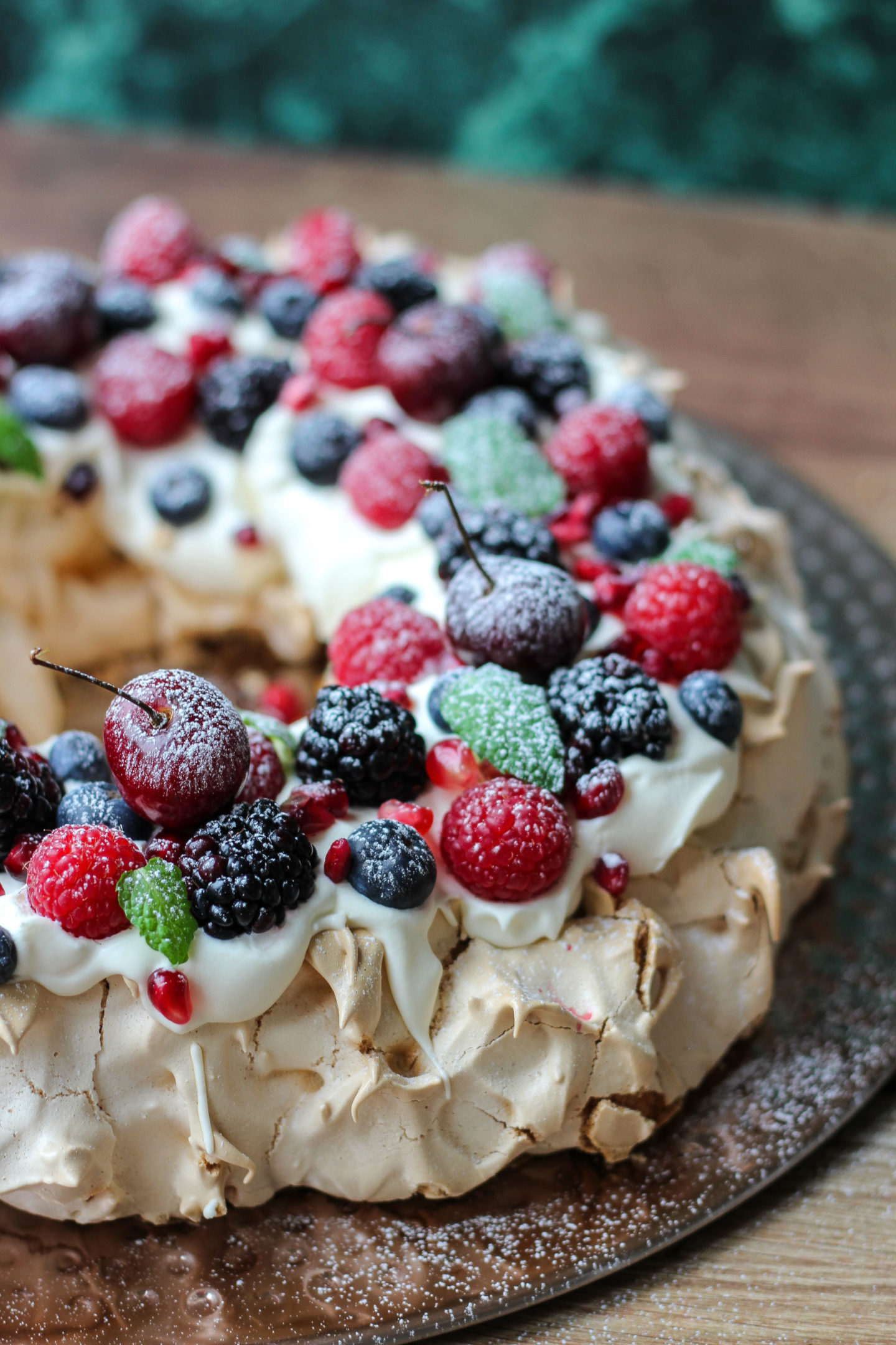 side view of Christmas berry pavlova wreath