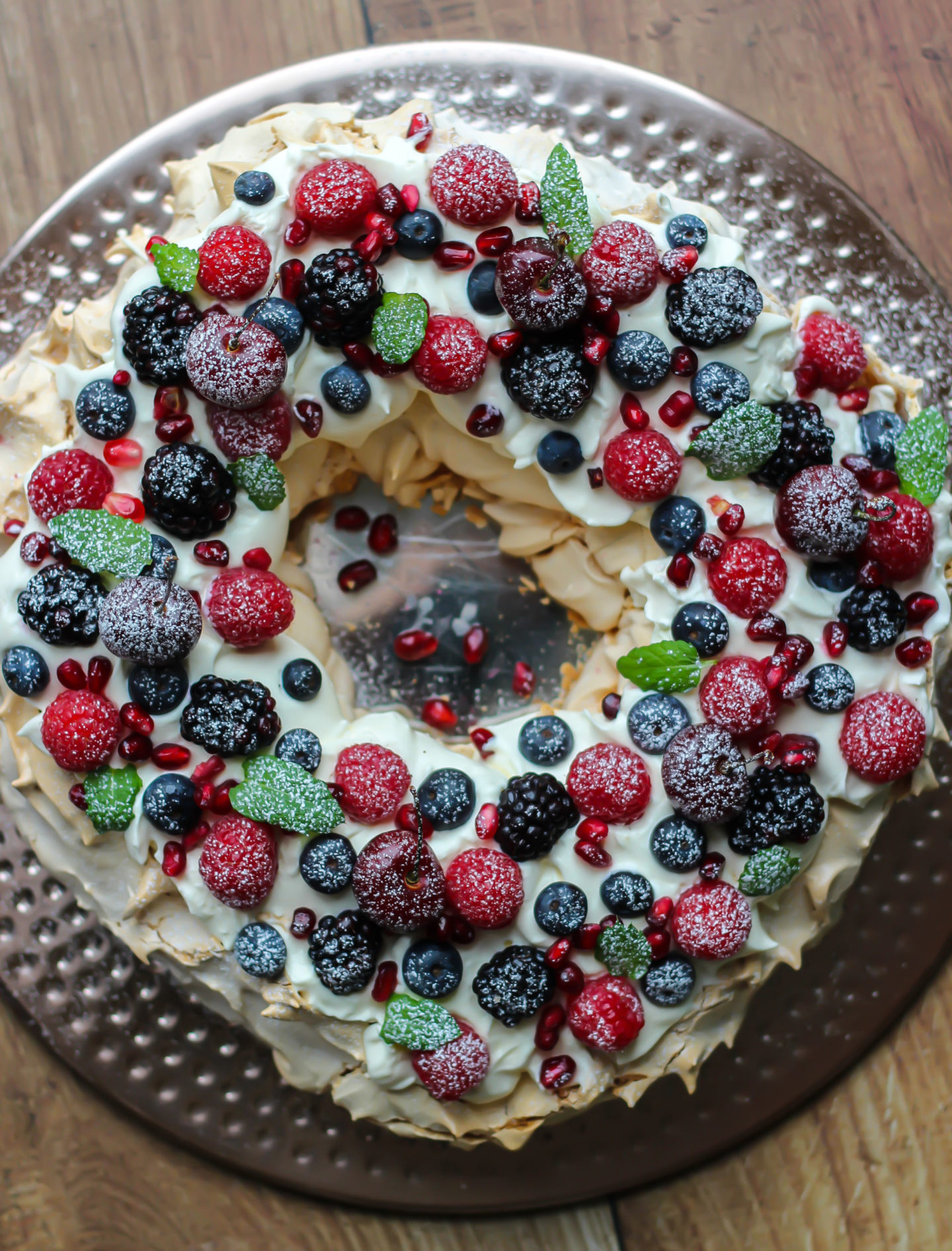 view from above of Christmas berry pavlova wreath