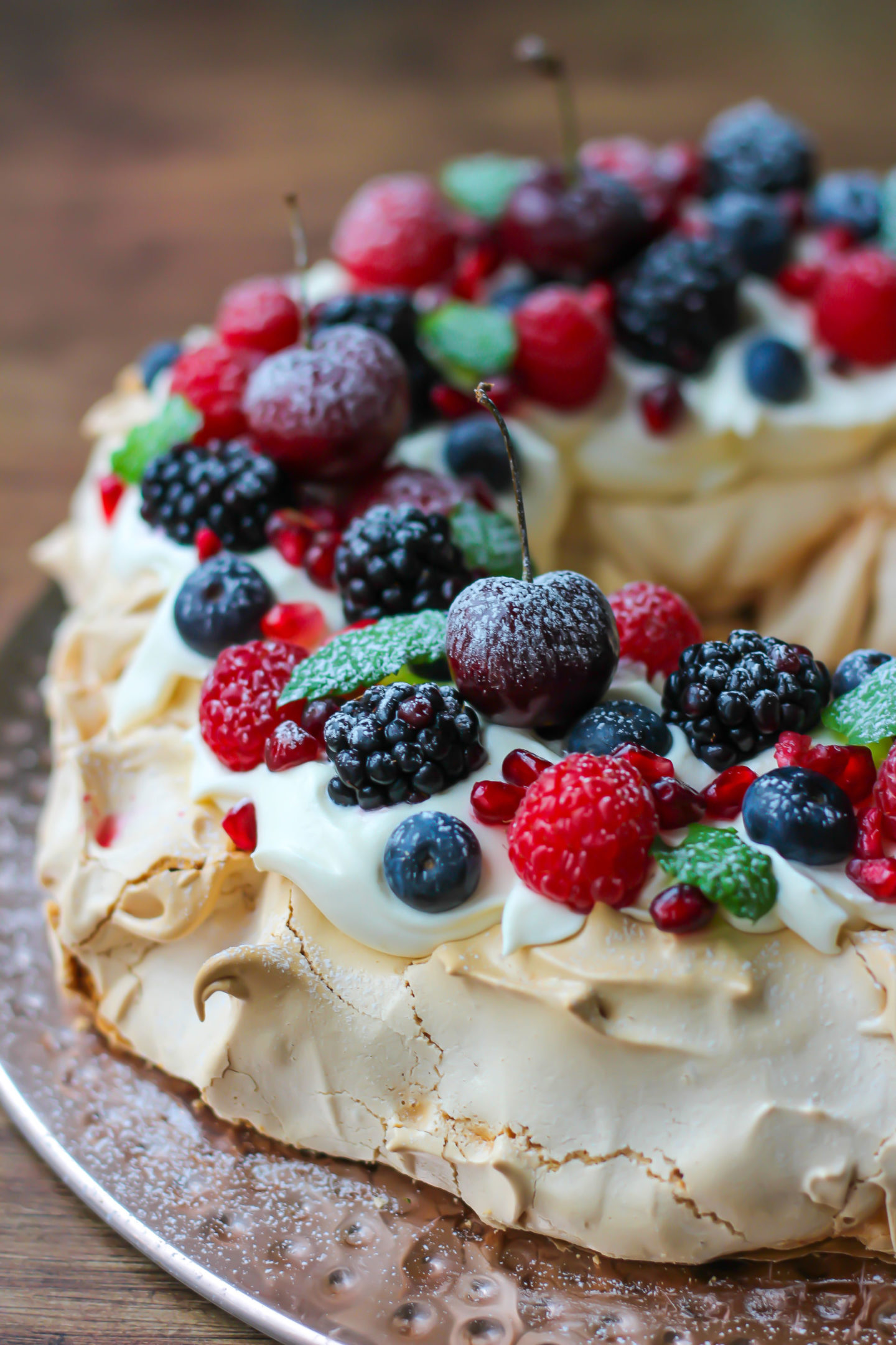 side view of Christmas berry pavlova wreath