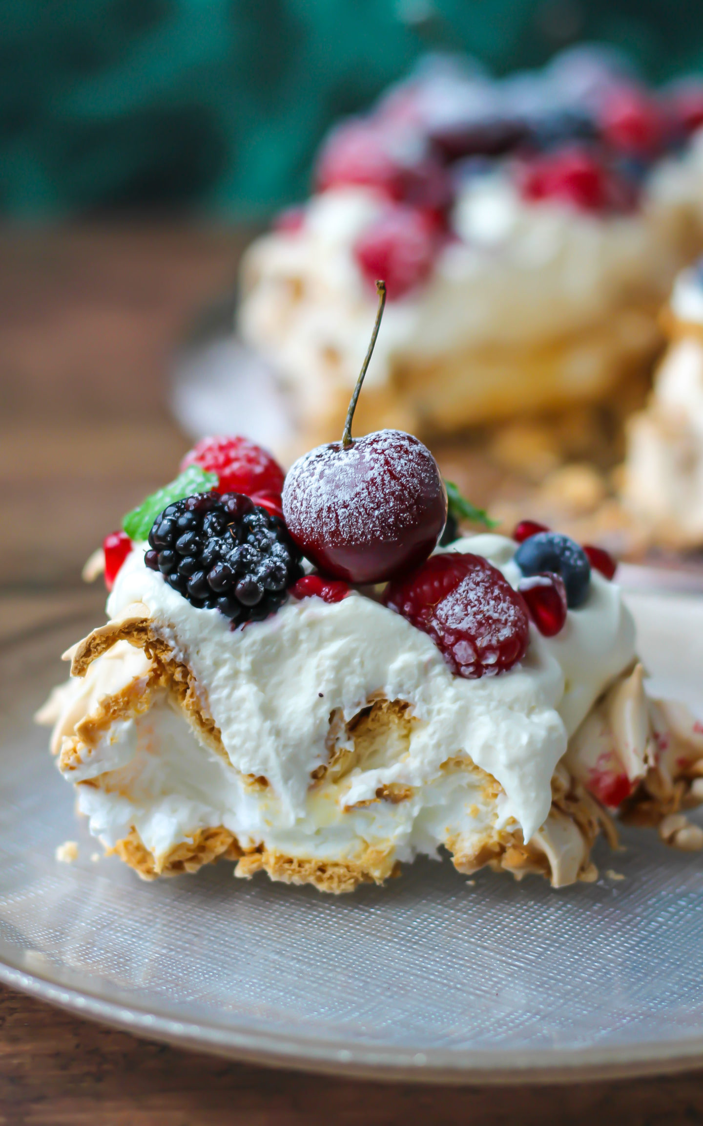 close up side on view of Christmas berry pavlova wreath