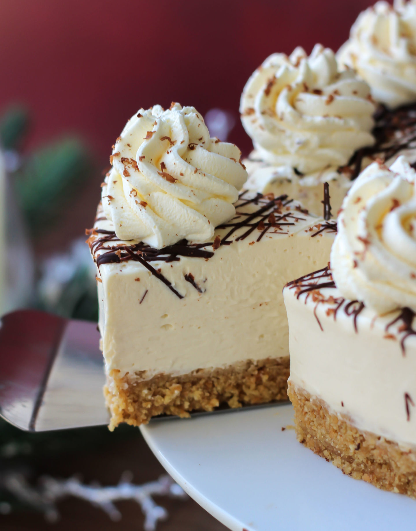 Close of a slice of no-bake Baileys cheesecake