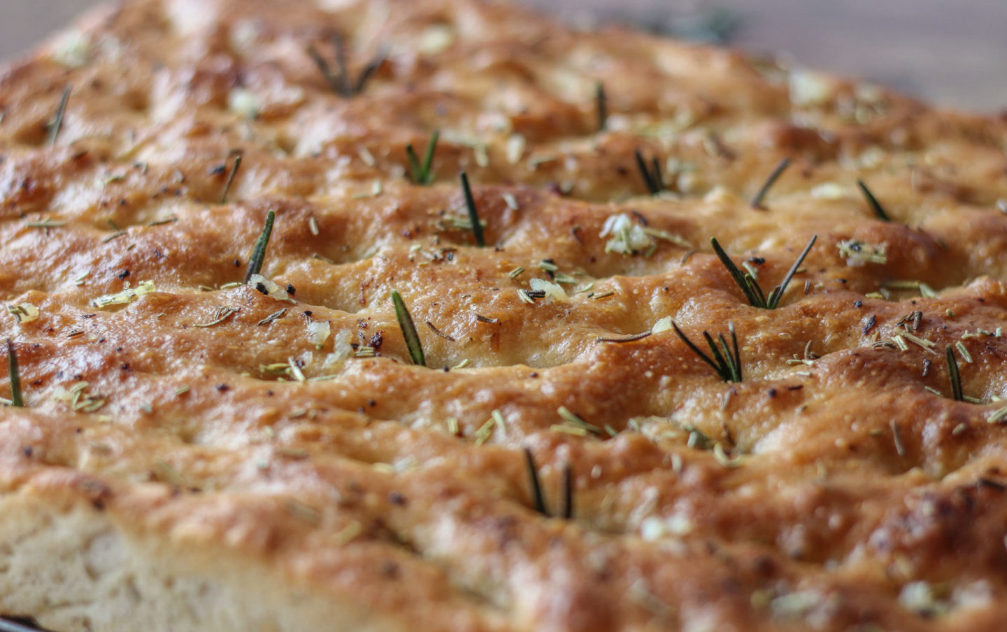 close up of whole garlic and rosemary focaccia