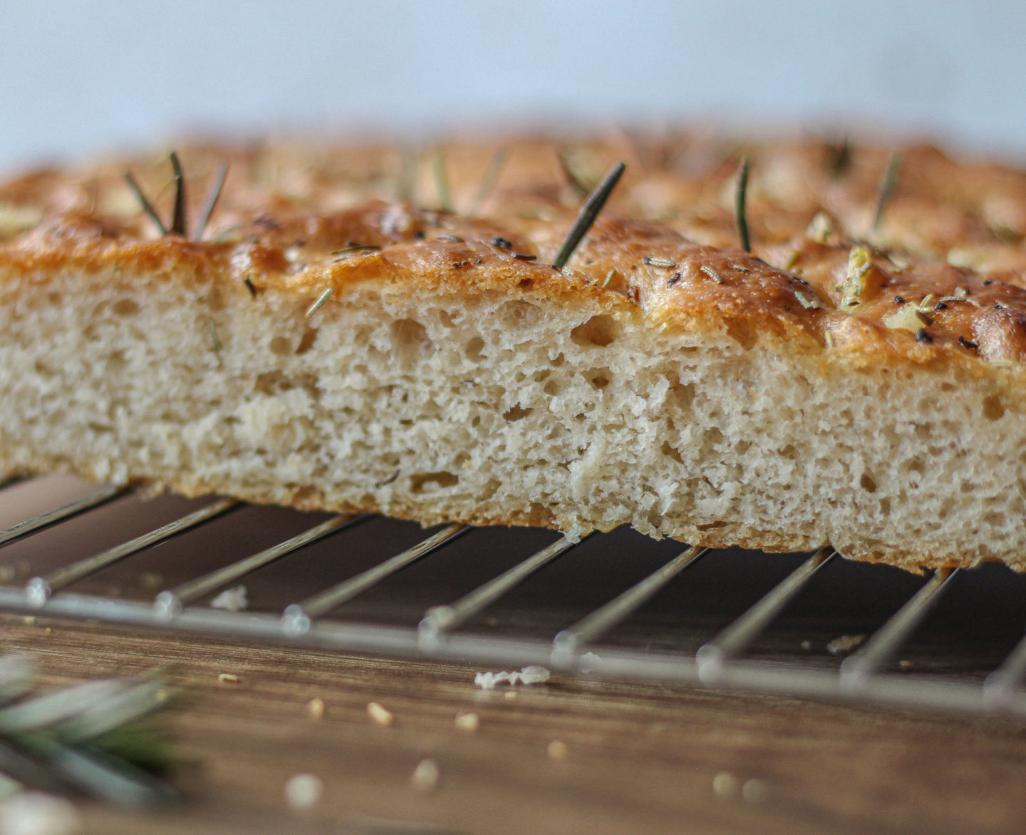 close up of texture inside garlic and rosemary focaccia