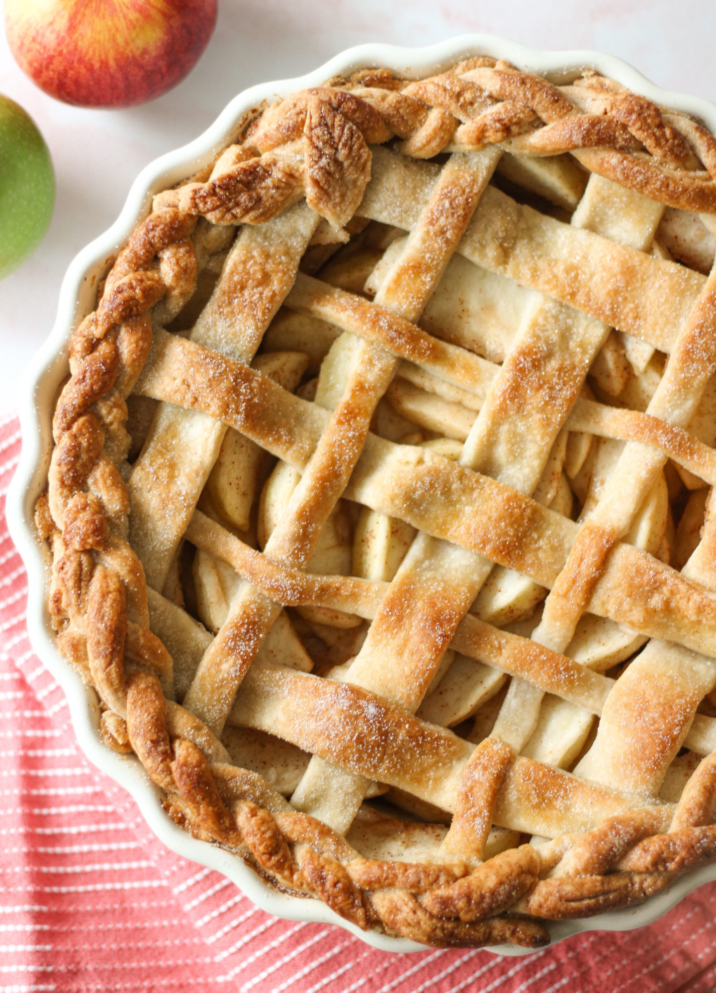 view from above of uncut lattice apple pie