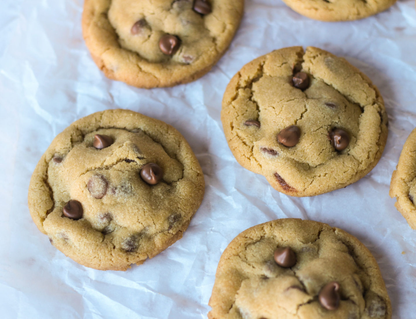 several  Nutella stuffed chocolate chip cookies on parchment paper