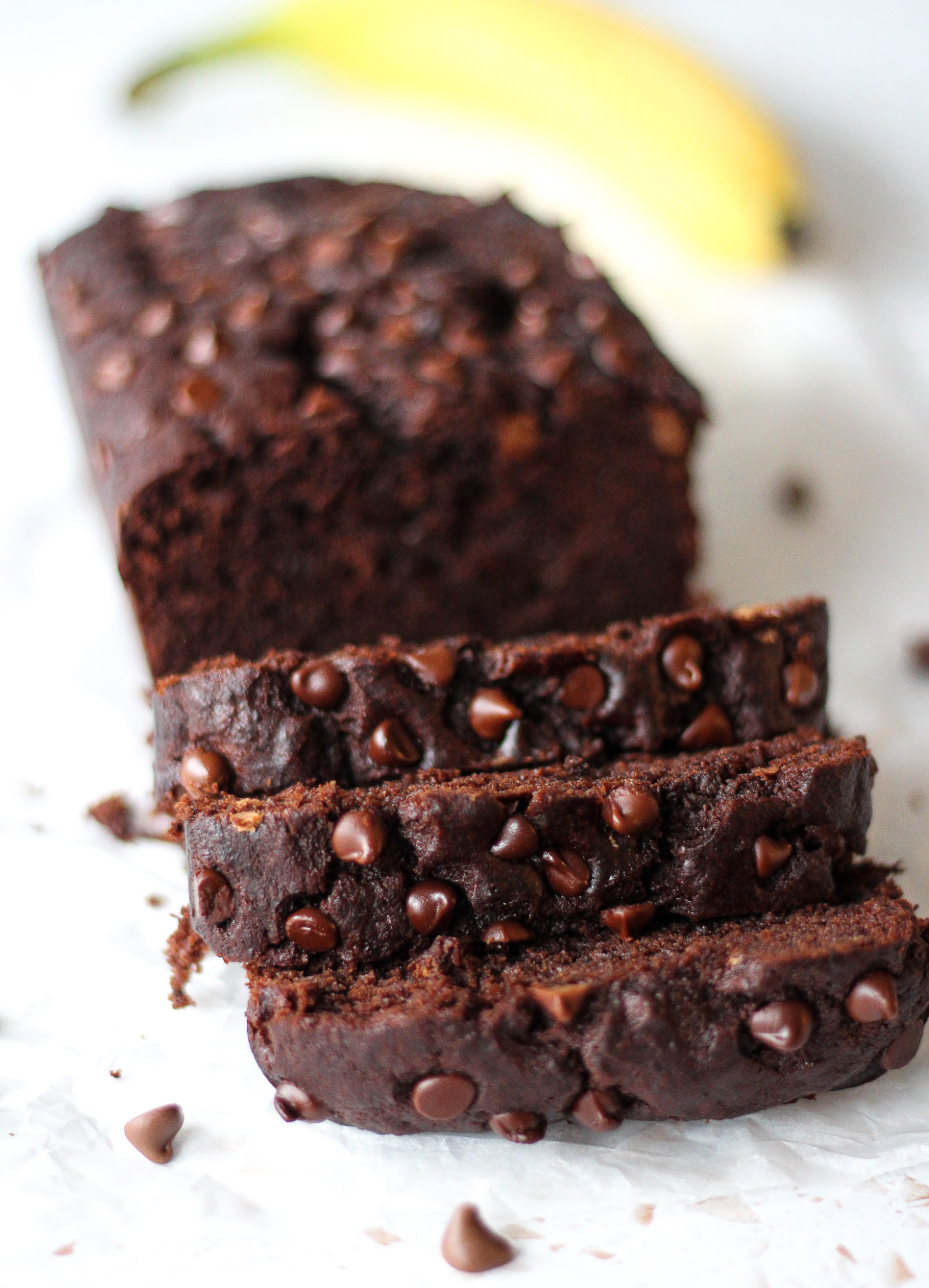 close up of slices of chocolate banana loaf cake