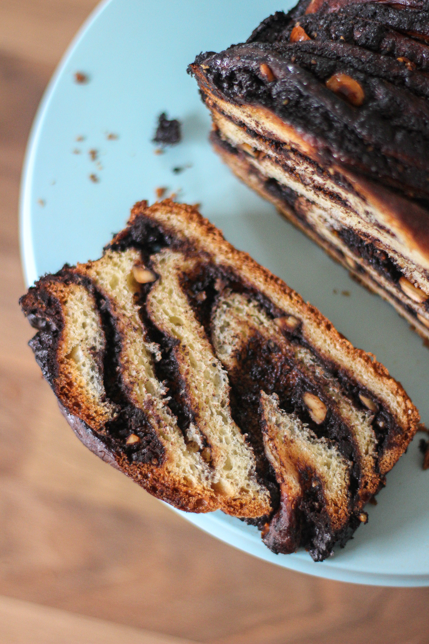 view from above of a slice of chocolate and hazelnut babka