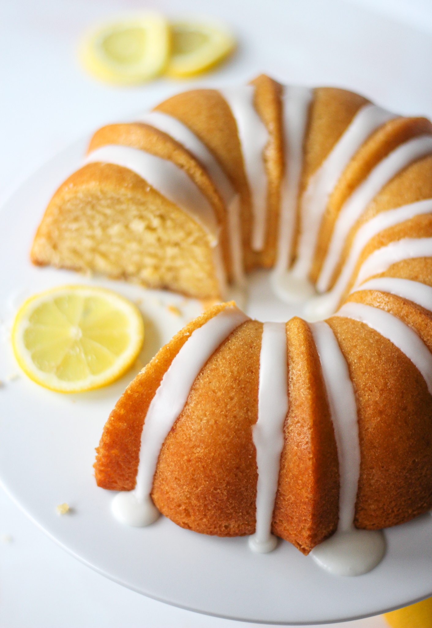Close up of lemon drizzle bundt cake 
