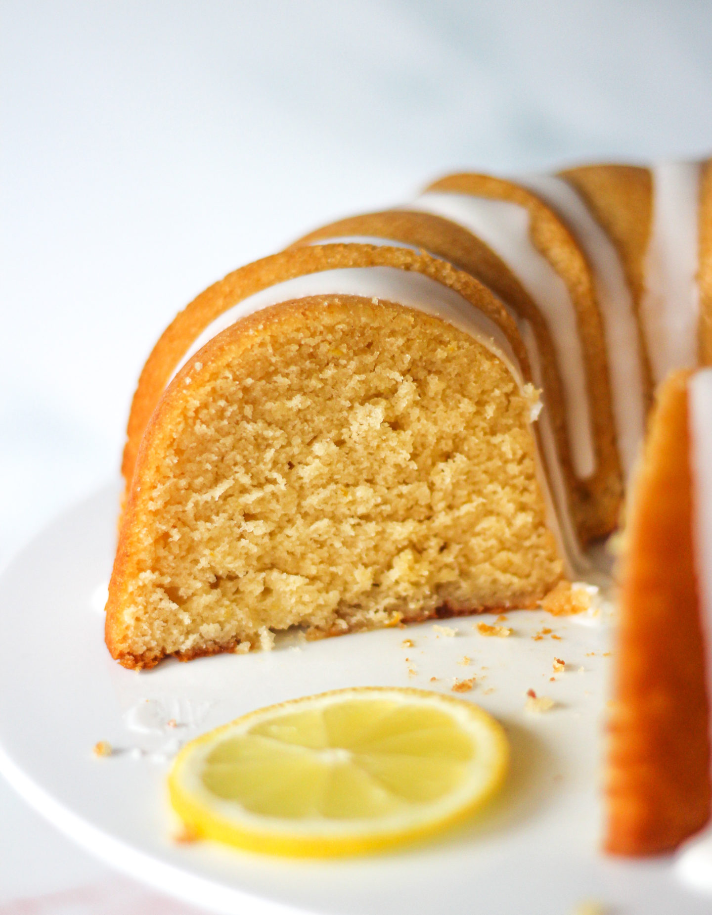 Close up inside lemon drizzle bundt cake 