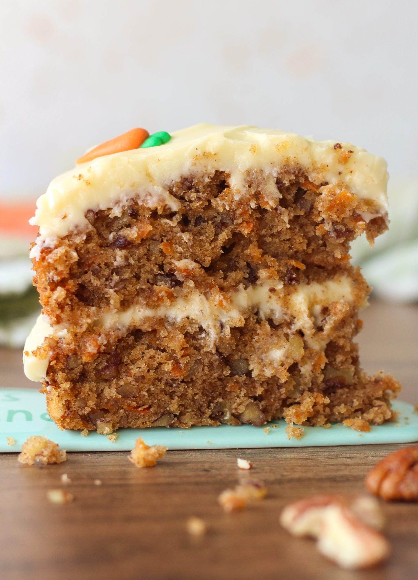 Close up of a slice of carrot cake